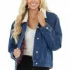 12PM Outerwear Denim Jacket With Red Buffalo Plaid Lining And Sherpa Collar