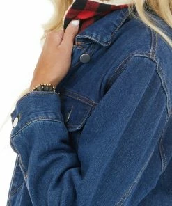 12PM Outerwear Denim Jacket With Red Buffalo Plaid Lining And Sherpa Collar 27 12PM Outerwear Denim Jacket With Red Buffalo Plaid Lining And Sherpa Collar