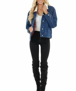 12PM Outerwear Denim Jacket With Red Buffalo Plaid Lining And Sherpa Collar