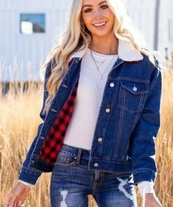 12PM Outerwear Denim Jacket With Red Buffalo Plaid Lining And Sherpa Collar 28 12PM Outerwear Denim Jacket With Red Buffalo Plaid Lining And Sherpa Collar