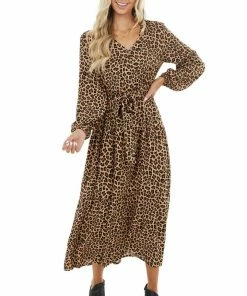 Supreme Fashion Desert Sand Button Up Leopard Print V Neck Midi Dress Dresses