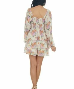 Entro Desert Sand Floral Print Long Sleeve Romper Dresses
