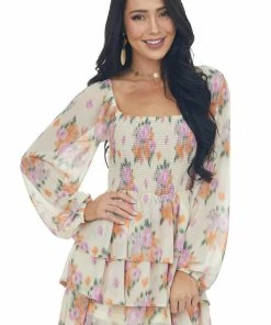 Entro Desert Sand Floral Print Long Sleeve Romper Dresses