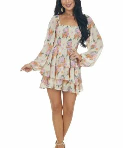 Entro Desert Sand Floral Print Long Sleeve Romper Dresses