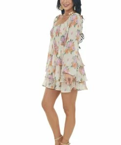 Entro Desert Sand Floral Print Long Sleeve Romper Dresses