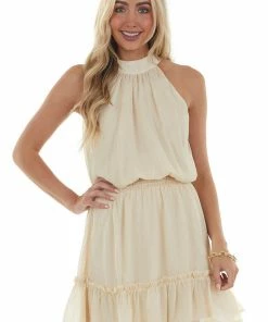 Sweet Lemon Desert Sand Halter Blouson Silver Thread Dress