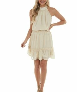 Sweet Lemon Desert Sand Halter Blouson Silver Thread Dress