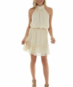 Sweet Lemon Desert Sand Halter Blouson Silver Thread Dress