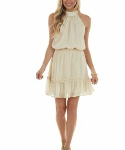 Sweet Lemon Desert Sand Halter Blouson Silver Thread Dress