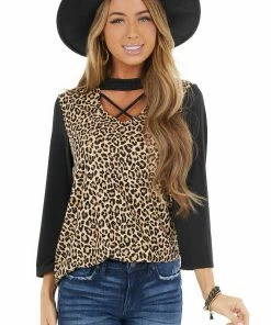 FSL APPAREL Desert Sand Leopard Print Top With Cutout Neck Detail Tops