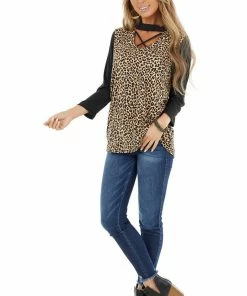 FSL APPAREL Desert Sand Leopard Print Top With Cutout Neck Detail Tops