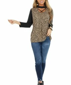 FSL APPAREL Desert Sand Leopard Print Top With Cutout Neck Detail Tops