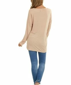 Hailey & Co Tops Desert Sand Long Sleeve Knit Top With Front Pocket Detail