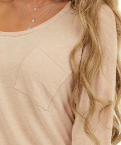 Hailey & Co Tops Desert Sand Long Sleeve Knit Top With Front Pocket Detail