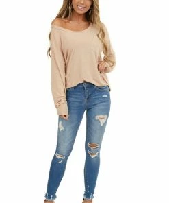 Hailey & Co Tops Desert Sand Long Sleeve Knit Top With Front Pocket Detail