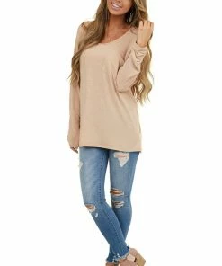 Hailey & Co Tops Desert Sand Long Sleeve Knit Top With Front Pocket Detail