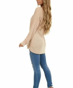 Hailey & Co Tops Desert Sand Long Sleeve Knit Top With Front Pocket Detail