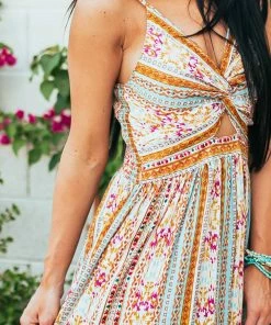 ANGIE Desert Sand Multicolored Stripe V Neck Maxi Dress Dresses