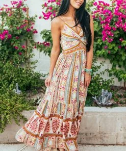ANGIE Desert Sand Multicolored Stripe V Neck Maxi Dress Dresses