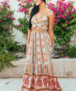 ANGIE Desert Sand Multicolored Stripe V Neck Maxi Dress Dresses