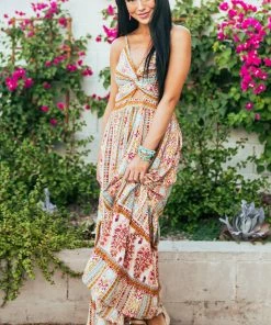 ANGIE Desert Sand Multicolored Stripe V Neck Maxi Dress Dresses