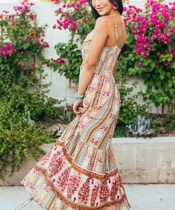 ANGIE Desert Sand Multicolored Stripe V Neck Maxi Dress Dresses