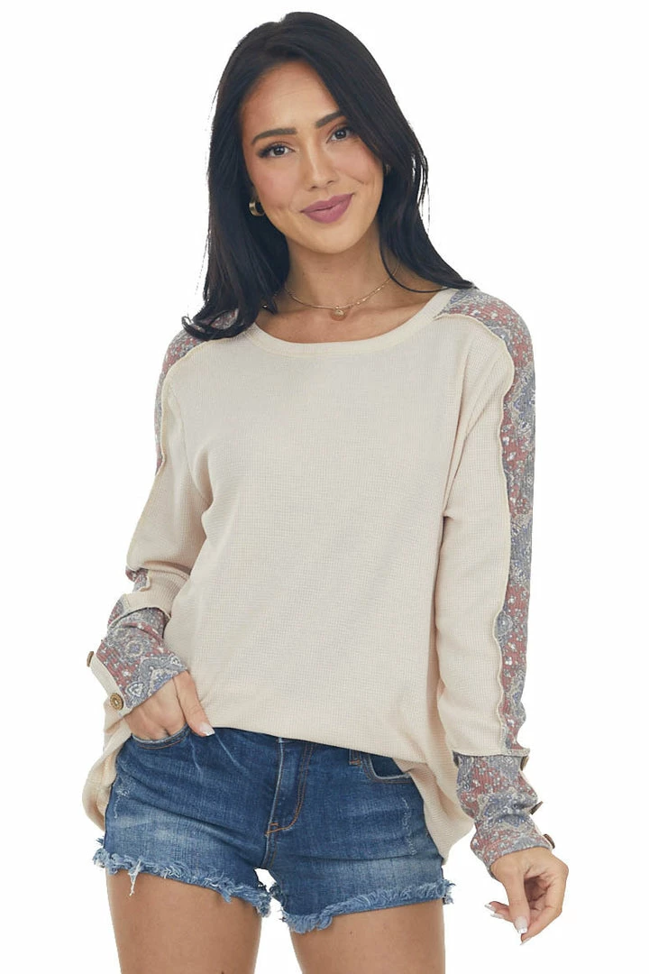 BiBi Desert Sand Printed Waffle Knit Long Sleeve Top Tops 3 BiBi Desert Sand Printed Waffle Knit Long Sleeve Top Tops