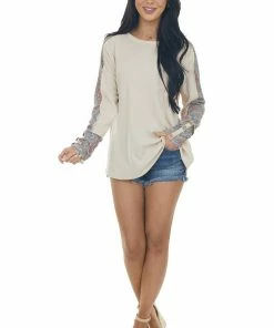 BiBi Desert Sand Printed Waffle Knit Long Sleeve Top Tops 12 BiBi Desert Sand Printed Waffle Knit Long Sleeve Top Tops