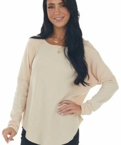 143 Story Tops Desert Sand Raw Edge Raglan Thermal Knit Top