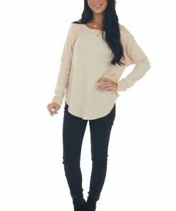 143 Story Tops Desert Sand Raw Edge Raglan Thermal Knit Top