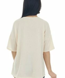 Now N Forever Desert Sand Waffle Knit Top With V Neckline Tops