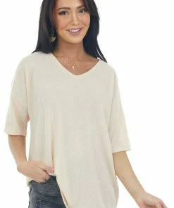 Now N Forever Desert Sand Waffle Knit Top With V Neckline Tops