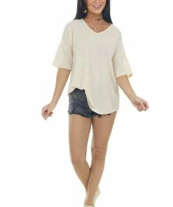 Now N Forever Desert Sand Waffle Knit Top With V Neckline Tops