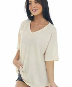 Now N Forever Desert Sand Waffle Knit Top With V Neckline Tops