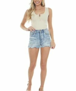 IJOAH Desert Sand Wide Ribbed Knit Tank Top Bodysuit Tops