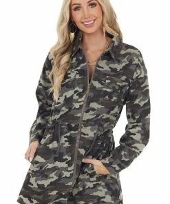 Jodifl Charcoal Camo Print Long Sleeve Cargo Jacket With Tie Waist