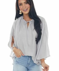 Umgee Tops Dove Grey Frayed Neck Textured Peasant Blouse