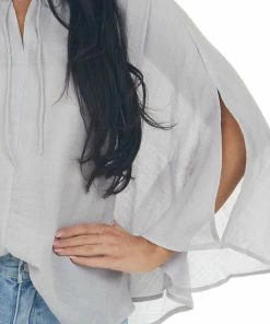 Umgee Tops Dove Grey Frayed Neck Textured Peasant Blouse