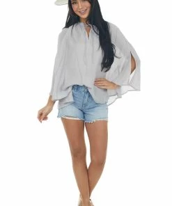 Umgee Tops Dove Grey Frayed Neck Textured Peasant Blouse