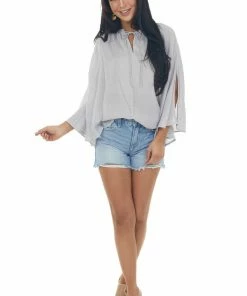 Umgee Tops Dove Grey Frayed Neck Textured Peasant Blouse