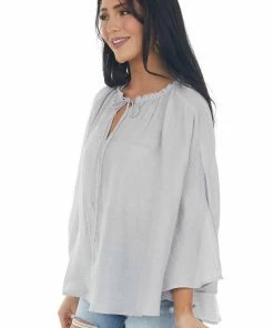 Umgee Tops Dove Grey Frayed Neck Textured Peasant Blouse
