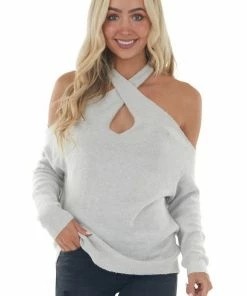 Lime Lush Dove Grey Long Sleeve Halter Neck Lightweight Sweater Tops