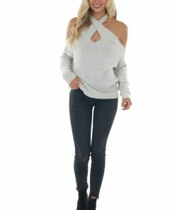 Lime Lush Dove Grey Long Sleeve Halter Neck Lightweight Sweater Tops