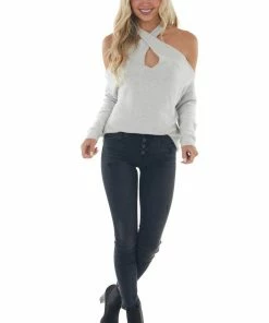 Lime Lush Dove Grey Long Sleeve Halter Neck Lightweight Sweater Tops