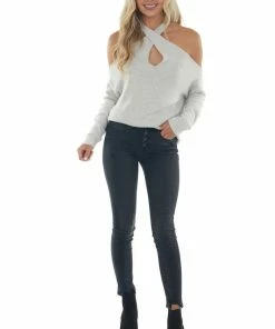 Lime Lush Dove Grey Long Sleeve Halter Neck Lightweight Sweater Tops