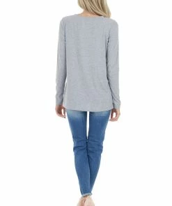 143 Story Tops Dove Grey Long Sleeve Textured Knit Top With Chest Cutout