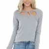 143 Story Tops Dove Grey Long Sleeve Textured Knit Top With Chest Cutout