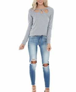 143 Story Tops Dove Grey Long Sleeve Textured Knit Top With Chest Cutout
