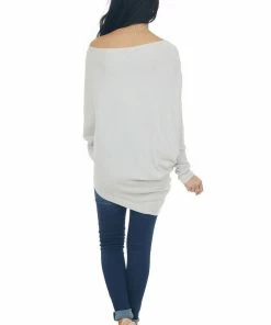 Lime Lush Dove Grey Ribbed Knit Asymmetrical Off The Shoulder Top Tops