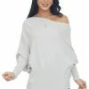 Lime Lush Dove Grey Ribbed Knit Asymmetrical Off The Shoulder Top Tops